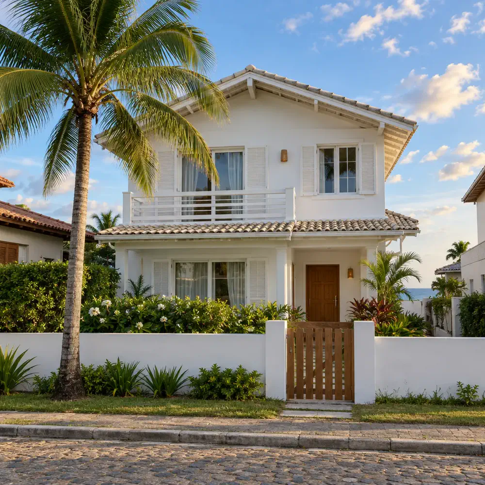 Casa branca de dois andares com jardim e coqueiro numa rua tranquila perto da praia
